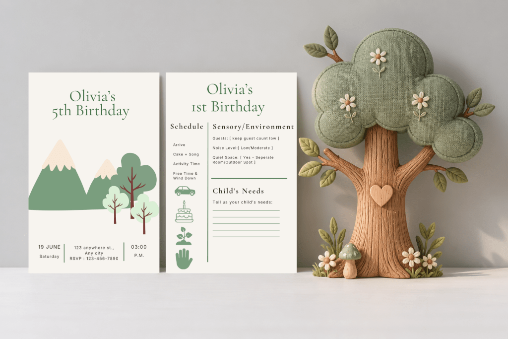 Click to go to shop category. Nature invitation and sensory information field next to a cute tree figurine.